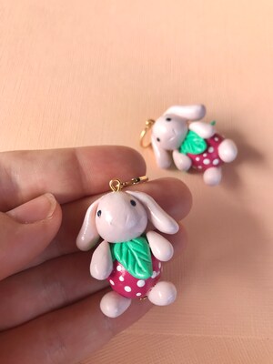 Strawberry bunny earrings, kawaii bunny earrings, cottagecore jewelry, cute bunny plushie earrings, quirky jewelry, funky earrings - image2